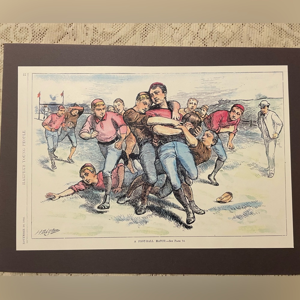 Vtg Hand Colored Etching A Football Match Harper’s Young People 1886 H.D. Ogden